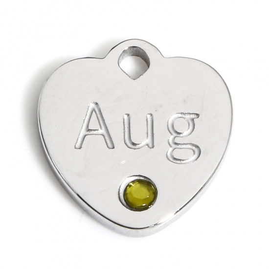 Picture of 1 Piece 304 Stainless Steel Birthstone Charms Silver Tone Heart Message " August " Light Green Rhinestone 12mm x 11.5mm