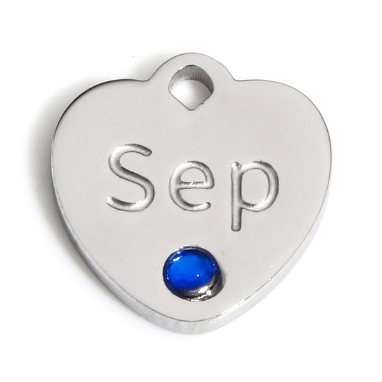 Picture of 1 Piece 304 Stainless Steel Birthstone Charms Silver Tone Heart Message " September " Royal Blue Rhinestone 12mm x 11.5mm