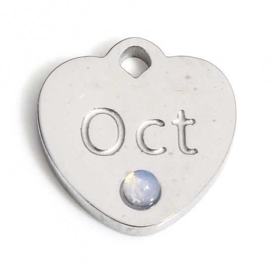 Picture of 1 Piece 304 Stainless Steel Birthstone Charms Silver Tone Ivory Heart Message " October " Imitation Opal 12mm x 11.5mm