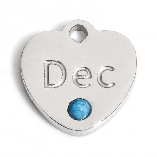 Picture of 1 Piece 304 Stainless Steel Birthstone Charms Silver Tone Blue Heart Message " December " Imitation Turquoise 12mm x 11.5mm