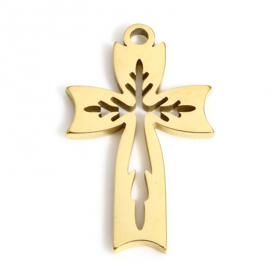 Immagine di 1 Pz Placcatura Sottovuoto 304 Acciaio Inossidabile Religione Ciondoli Croce Oro Placcato Filigrana 22mm x 13mm