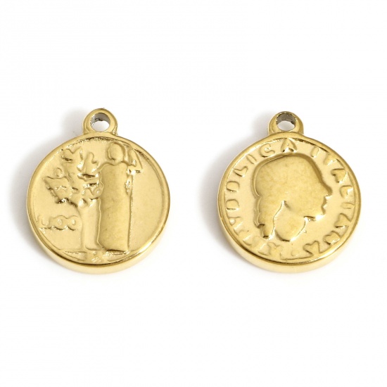 Image de 1 Pièce Breloques en 304 Acier Inoxydable Placage sous Vide Religieux Rond Doré Tête Portrait 12mm x 10mm 