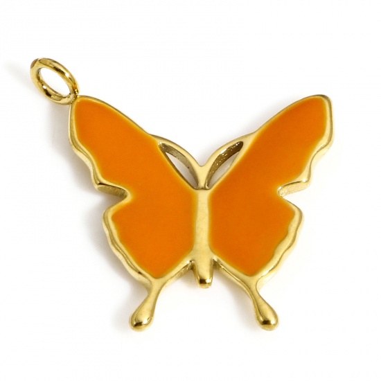 Immagine di 1 Pz 304 Acciaio Inossidabile Charms Farfalla Oro Placcato Arancione Smalto 19mm x 17mm