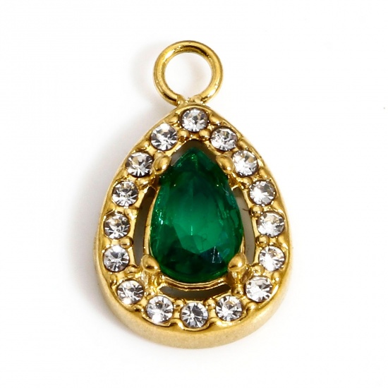 Immagine di 1 Pz Placcatura Sottovuoto 304 Acciaio Inossidabile Elegante Ciondoli Goccia Oro Placcato Trasparente & Verde Strass 14mm x 8.5mm