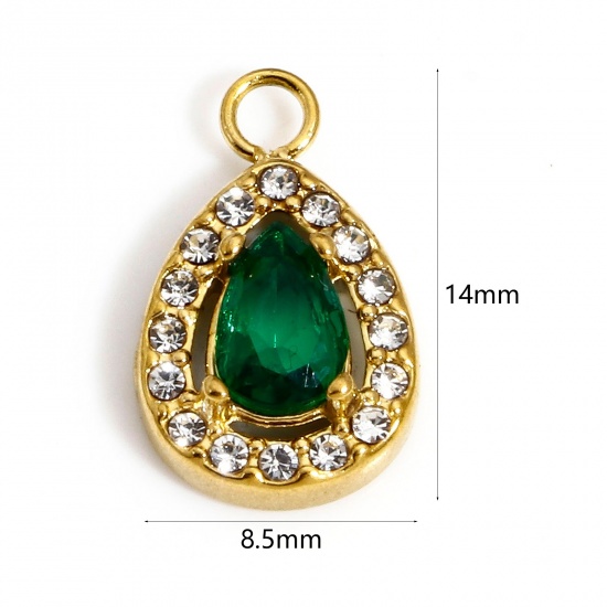 Immagine di 1 Pz Placcatura Sottovuoto 304 Acciaio Inossidabile Elegante Ciondoli Goccia Oro Placcato Trasparente & Verde Strass 14mm x 8.5mm