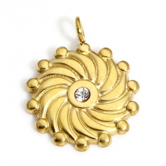 Immagine di 1 Pz Placcatura Sottovuoto 304 Acciaio Inossidabile Elegante Ciondoli Tondo Oro Placcato Spirale Trasparente Strass 15mm x 12mm