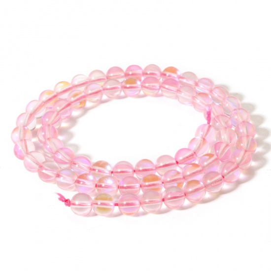 Picture of 1 Strand (Approx 62 PCs/Strand) Moonstone ( Imitation ) Loose Beads For DIY Charm Jewelry Making Round Pink Transparent About 6mm Dia., Hole: Approx 0.8mm, 38cm(15") long
