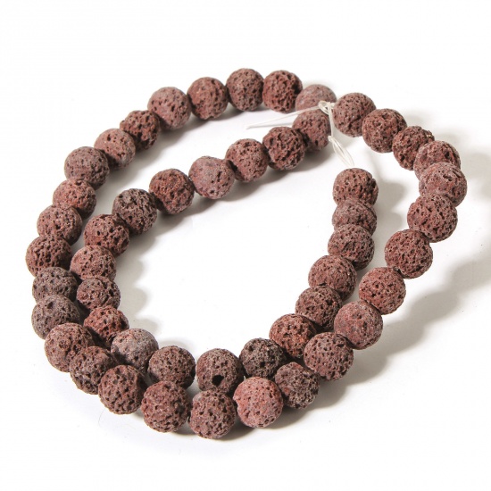 Picture of 1 Strand (Approx 50 PCs/Strand) (Grade A) Lava Rock ( Natural Dyed ) Beads For DIY Jewelry Making Round Dark Brown About 8mm Dia., Hole: Approx 0.8mm, 38.5cm(15 1/8") long