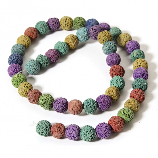 Picture of 1 Strand (Approx 50 PCs/Strand) (Grade A) Lava Rock ( Natural Dyed ) Beads For DIY Jewelry Making Round Multicolor About 8mm Dia., Hole: Approx 0.8mm, 38.5cm(15 1/8") long