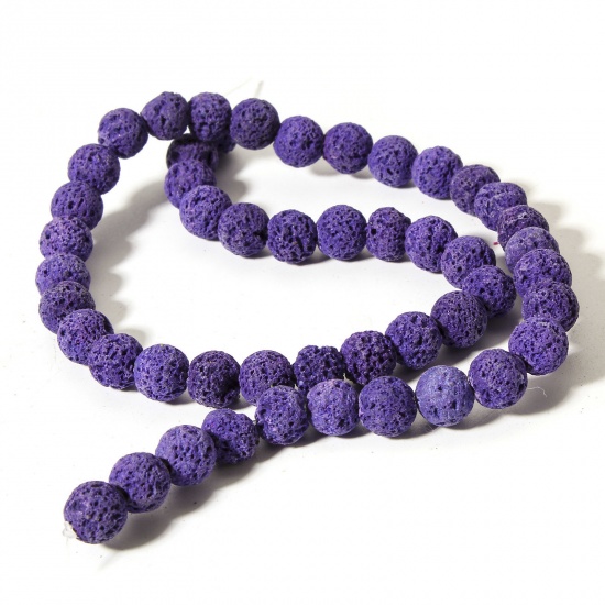 Picture of 1 Strand (Approx 50 PCs/Strand) (Grade A) Lava Rock ( Natural Dyed ) Beads For DIY Jewelry Making Round Purple About 8mm Dia., Hole: Approx 0.8mm, 38.5cm(15 1/8") long