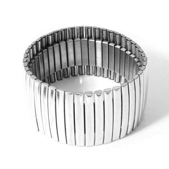 Picture of 1 Piece 304 Stainless Steel Bangles Bracelets Silver Tone Elastic 19cm(7 4/8") long, 28mm