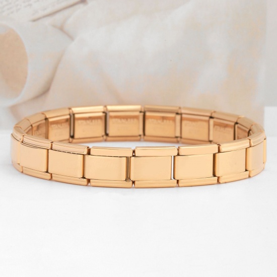 Picture of 1 Piece 304 Stainless Steel Italian Charm 18 Links Modular Bracelets 18K Gold Color Rectangle 17.5cm(6 7/8") long
