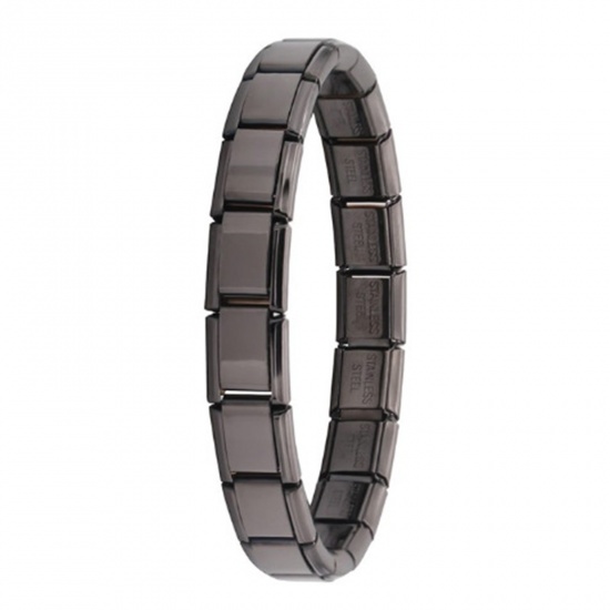 Picture of 1 Piece 304 Stainless Steel Italian Charm 18 Links Modular Bracelets Black Rectangle 17.5cm(6 7/8") long