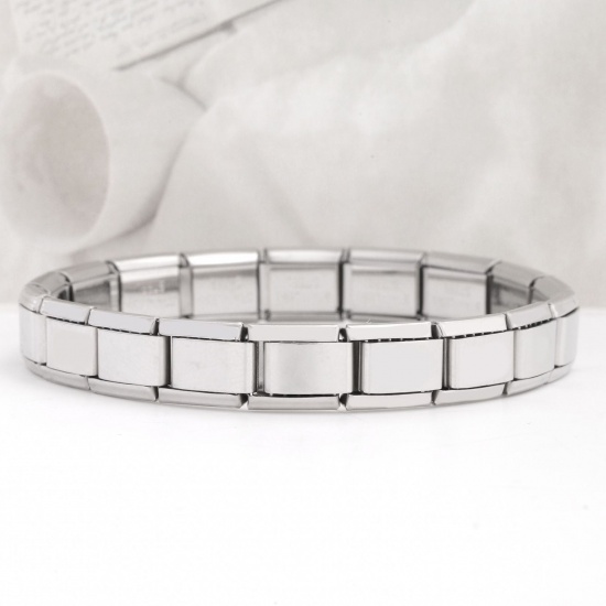 Picture of 1 Piece 304 Stainless Steel Italian Charm 18 Links Modular Bracelets Silver Tone Rectangle 17.5cm(6 7/8") long