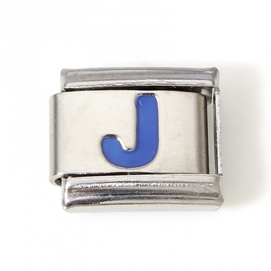 Immagine di 1 Pz 304 Acciaio Inossidabile Bracciale con Charm Italiano a Maglie, Creazione di Gioielli Fai-da-te Tono Argento Blu Rettangolo Lettera Maiuscola Messaggio " J " Smalto 10mm x 9mm