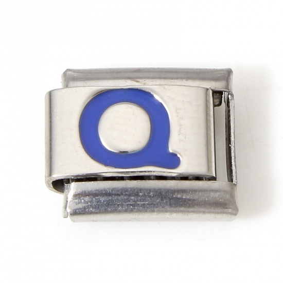 Immagine di 1 Pz 304 Acciaio Inossidabile Bracciale con Charm Italiano a Maglie, Creazione di Gioielli Fai-da-te Tono Argento Blu Rettangolo Lettera Maiuscola Messaggio " Q " Smalto 10mm x 9mm