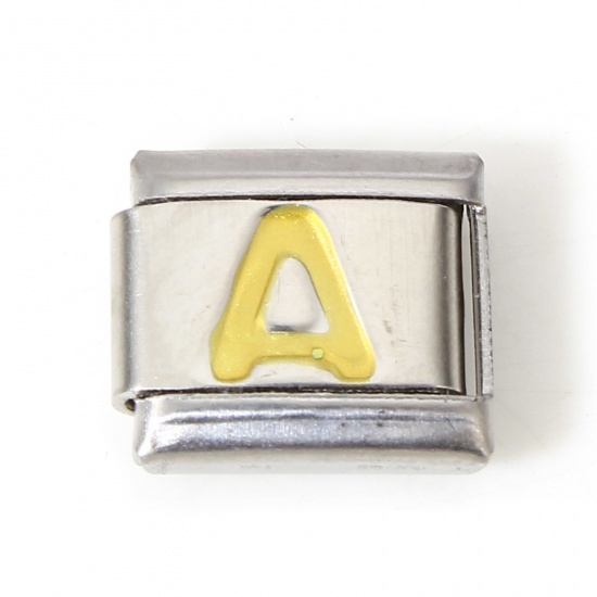 Picture of 1 Piece 304 Stainless Steel Italian Charm Links For DIY Bracelet Jewelry Making Silver Tone Golden Rectangle Initial Alphabet/ Capital Letter Message " A " Enamel 10mm x 9mm