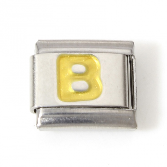 Picture of 1 Piece 304 Stainless Steel Italian Charm Links For DIY Bracelet Jewelry Making Silver Tone Golden Rectangle Initial Alphabet/ Capital Letter Message " B " Enamel 10mm x 9mm