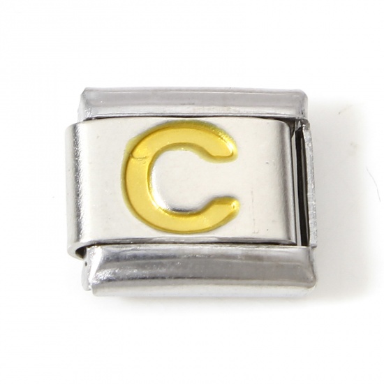 Picture of 1 Piece 304 Stainless Steel Italian Charm Links For DIY Bracelet Jewelry Making Silver Tone Golden Rectangle Initial Alphabet/ Capital Letter Message " C " Enamel 10mm x 9mm
