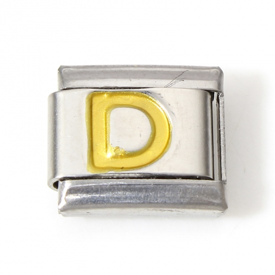Picture of 1 Piece 304 Stainless Steel Italian Charm Links For DIY Bracelet Jewelry Making Silver Tone Golden Rectangle Initial Alphabet/ Capital Letter Message " D " Enamel 10mm x 9mm