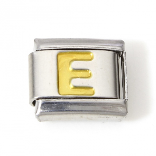 Picture of 1 Piece 304 Stainless Steel Italian Charm Links For DIY Bracelet Jewelry Making Silver Tone Golden Rectangle Initial Alphabet/ Capital Letter Message " E " Enamel 10mm x 9mm