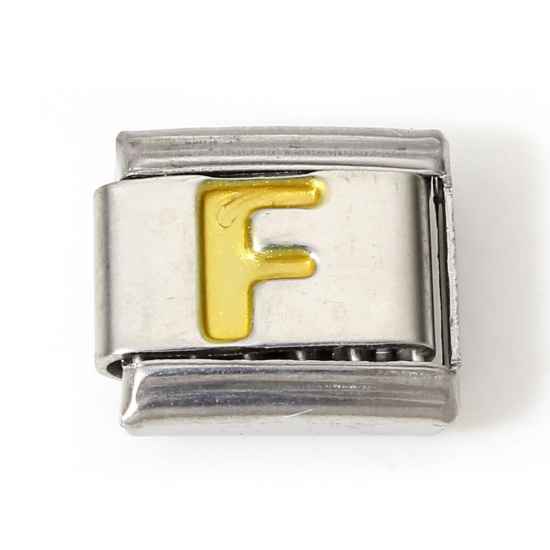Picture of 1 Piece 304 Stainless Steel Italian Charm Links For DIY Bracelet Jewelry Making Silver Tone Golden Rectangle Initial Alphabet/ Capital Letter Message " F " Enamel 10mm x 9mm