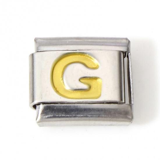 Picture of 1 Piece 304 Stainless Steel Italian Charm Links For DIY Bracelet Jewelry Making Silver Tone Golden Rectangle Initial Alphabet/ Capital Letter Message " G " Enamel 10mm x 9mm