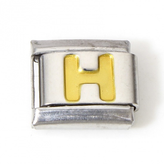 Picture of 1 Piece 304 Stainless Steel Italian Charm Links For DIY Bracelet Jewelry Making Silver Tone Golden Rectangle Initial Alphabet/ Capital Letter Message " H " Enamel 10mm x 9mm