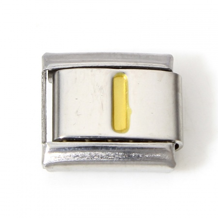 Picture of 1 Piece 304 Stainless Steel Italian Charm Links For DIY Bracelet Jewelry Making Silver Tone Golden Rectangle Initial Alphabet/ Capital Letter Message " I " Enamel 10mm x 9mm