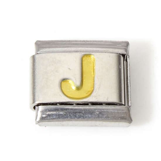 Picture of 1 Piece 304 Stainless Steel Italian Charm Links For DIY Bracelet Jewelry Making Silver Tone Golden Rectangle Initial Alphabet/ Capital Letter Message " J " Enamel 10mm x 9mm