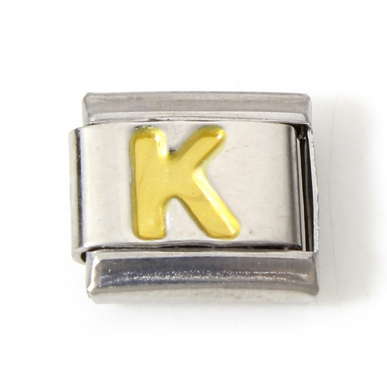 Picture of 1 Piece 304 Stainless Steel Italian Charm Links For DIY Bracelet Jewelry Making Silver Tone Golden Rectangle Initial Alphabet/ Capital Letter Message " K " Enamel 10mm x 9mm