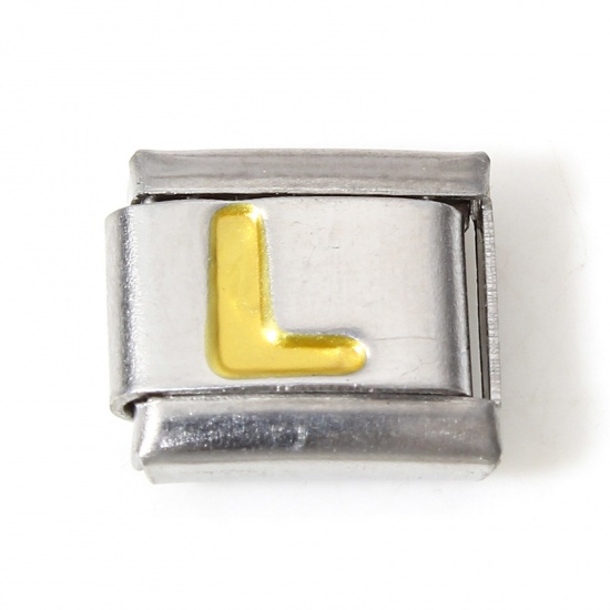 Picture of 1 Piece 304 Stainless Steel Italian Charm Links For DIY Bracelet Jewelry Making Silver Tone Golden Rectangle Initial Alphabet/ Capital Letter Message " L " Enamel 10mm x 9mm