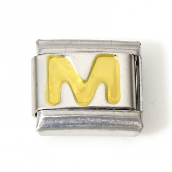 Picture of 1 Piece 304 Stainless Steel Italian Charm Links For DIY Bracelet Jewelry Making Silver Tone Golden Rectangle Initial Alphabet/ Capital Letter Message " M " Enamel 10mm x 9mm