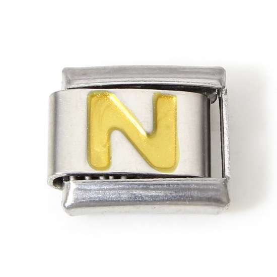 Picture of 1 Piece 304 Stainless Steel Italian Charm Links For DIY Bracelet Jewelry Making Silver Tone Golden Rectangle Initial Alphabet/ Capital Letter Message " N " Enamel 10mm x 9mm