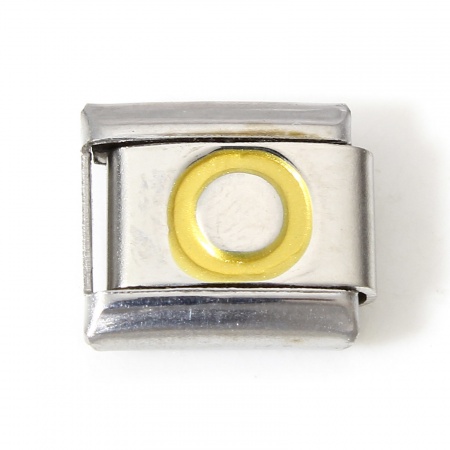 Picture of 1 Piece 304 Stainless Steel Italian Charm Links For DIY Bracelet Jewelry Making Silver Tone Golden Rectangle Initial Alphabet/ Capital Letter Message " O " Enamel 10mm x 9mm
