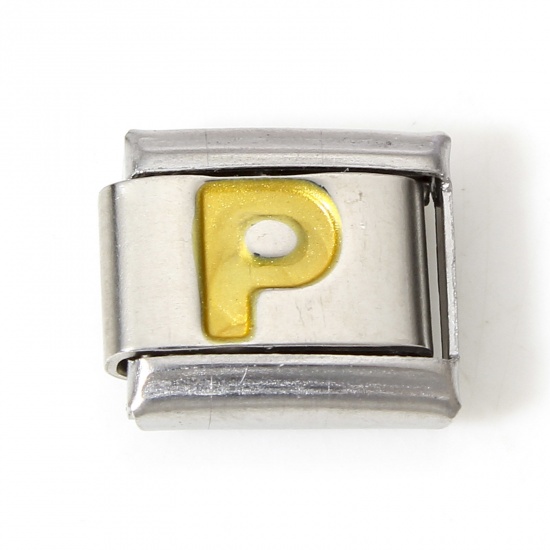 Picture of 1 Piece 304 Stainless Steel Italian Charm Links For DIY Bracelet Jewelry Making Silver Tone Golden Rectangle Initial Alphabet/ Capital Letter Message " P " Enamel 10mm x 9mm