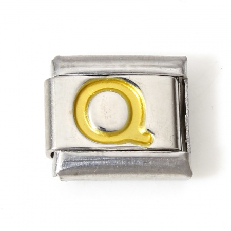 Picture of 1 Piece 304 Stainless Steel Italian Charm Links For DIY Bracelet Jewelry Making Silver Tone Golden Rectangle Initial Alphabet/ Capital Letter Message " Q " Enamel 10mm x 9mm