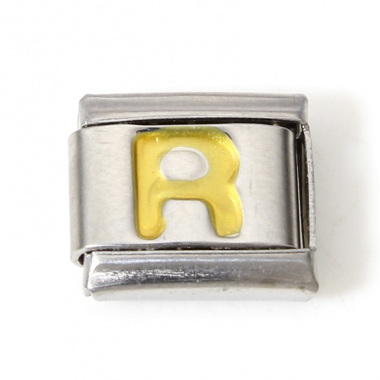 Picture of 1 Piece 304 Stainless Steel Italian Charm Links For DIY Bracelet Jewelry Making Silver Tone Golden Rectangle Initial Alphabet/ Capital Letter Message " R " Enamel 10mm x 9mm