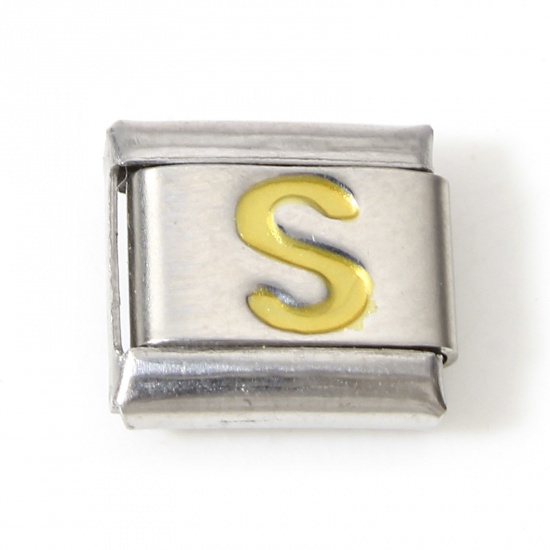 Picture of 1 Piece 304 Stainless Steel Italian Charm Links For DIY Bracelet Jewelry Making Silver Tone Golden Rectangle Initial Alphabet/ Capital Letter Message " S " Enamel 10mm x 9mm