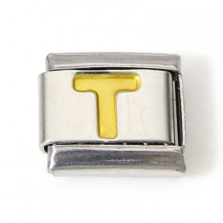 Picture of 1 Piece 304 Stainless Steel Italian Charm Links For DIY Bracelet Jewelry Making Silver Tone Golden Rectangle Initial Alphabet/ Capital Letter Message " T " Enamel 10mm x 9mm