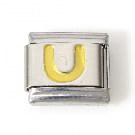 Picture of 1 Piece 304 Stainless Steel Italian Charm Links For DIY Bracelet Jewelry Making Silver Tone Golden Rectangle Initial Alphabet/ Capital Letter Message " U " Enamel 10mm x 9mm