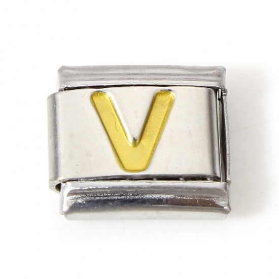 Picture of 1 Piece 304 Stainless Steel Italian Charm Links For DIY Bracelet Jewelry Making Silver Tone Golden Rectangle Initial Alphabet/ Capital Letter Message " V " Enamel 10mm x 9mm