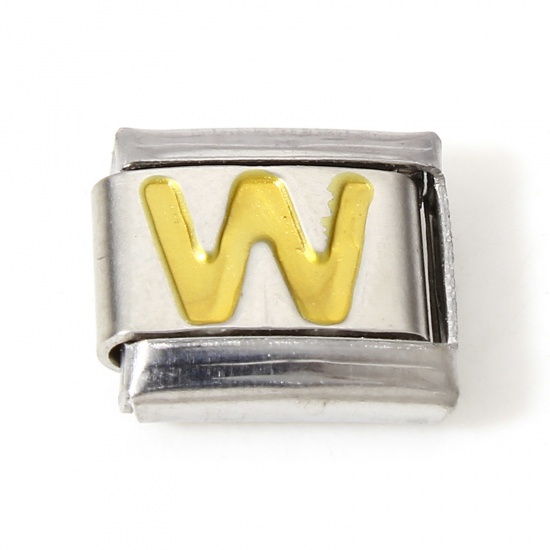 Picture of 1 Piece 304 Stainless Steel Italian Charm Links For DIY Bracelet Jewelry Making Silver Tone Golden Rectangle Initial Alphabet/ Capital Letter Message " W " Enamel 10mm x 9mm