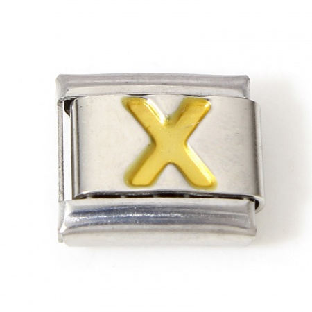 Picture of 1 Piece 304 Stainless Steel Italian Charm Links For DIY Bracelet Jewelry Making Silver Tone Golden Rectangle Initial Alphabet/ Capital Letter Message " X " Enamel 10mm x 9mm