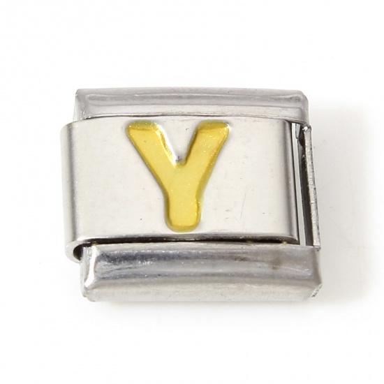 Picture of 1 Piece 304 Stainless Steel Italian Charm Links For DIY Bracelet Jewelry Making Silver Tone Golden Rectangle Initial Alphabet/ Capital Letter Message " Y " Enamel 10mm x 9mm