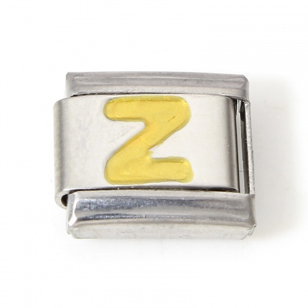 Picture of 1 Piece 304 Stainless Steel Italian Charm Links For DIY Bracelet Jewelry Making Silver Tone Golden Rectangle Initial Alphabet/ Capital Letter Message " Z " Enamel 10mm x 9mm