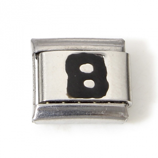 Picture of 1 Piece 304 Stainless Steel Italian Charm Links For DIY Bracelet Jewelry Making Silver Tone Black Rectangle Initial Alphabet/ Capital Letter Message " B " Enamel 10mm x 9mm