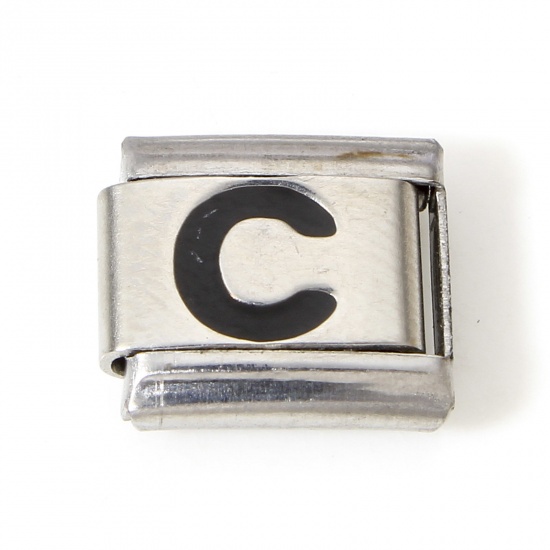 Immagine di 1 Pz 304 Acciaio Inossidabile Bracciale con Charm Italiano a Maglie, Creazione di Gioielli Fai-da-te Tono Argento Nero Rettangolo Lettera Maiuscola Messaggio " C " Smalto 10mm x 9mm