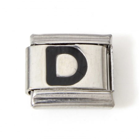 Picture of 1 Piece 304 Stainless Steel Italian Charm Links For DIY Bracelet Jewelry Making Silver Tone Black Rectangle Initial Alphabet/ Capital Letter Message " D " Enamel 10mm x 9mm