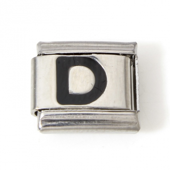 Picture of 1 Piece 304 Stainless Steel Italian Charm Links For DIY Bracelet Jewelry Making Silver Tone Black Rectangle Initial Alphabet/ Capital Letter Message " D " Enamel 10mm x 9mm